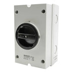 White electrical enclosure with black rotary isolator switch labeled 230-440VAC 2-pole, 25A, IP65, mounted on wall box with m