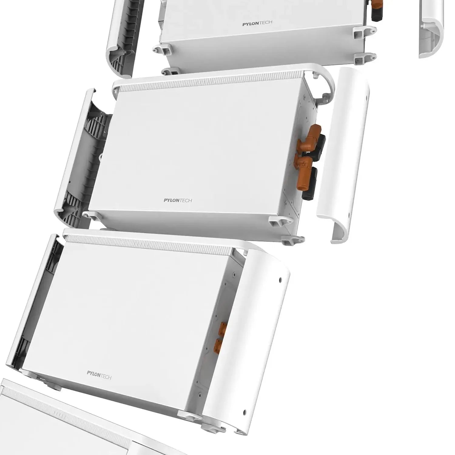 Three stacked Pylontech Pelio-L battery units with white casing, black vents, and brown handles, shown in exploded view diagr