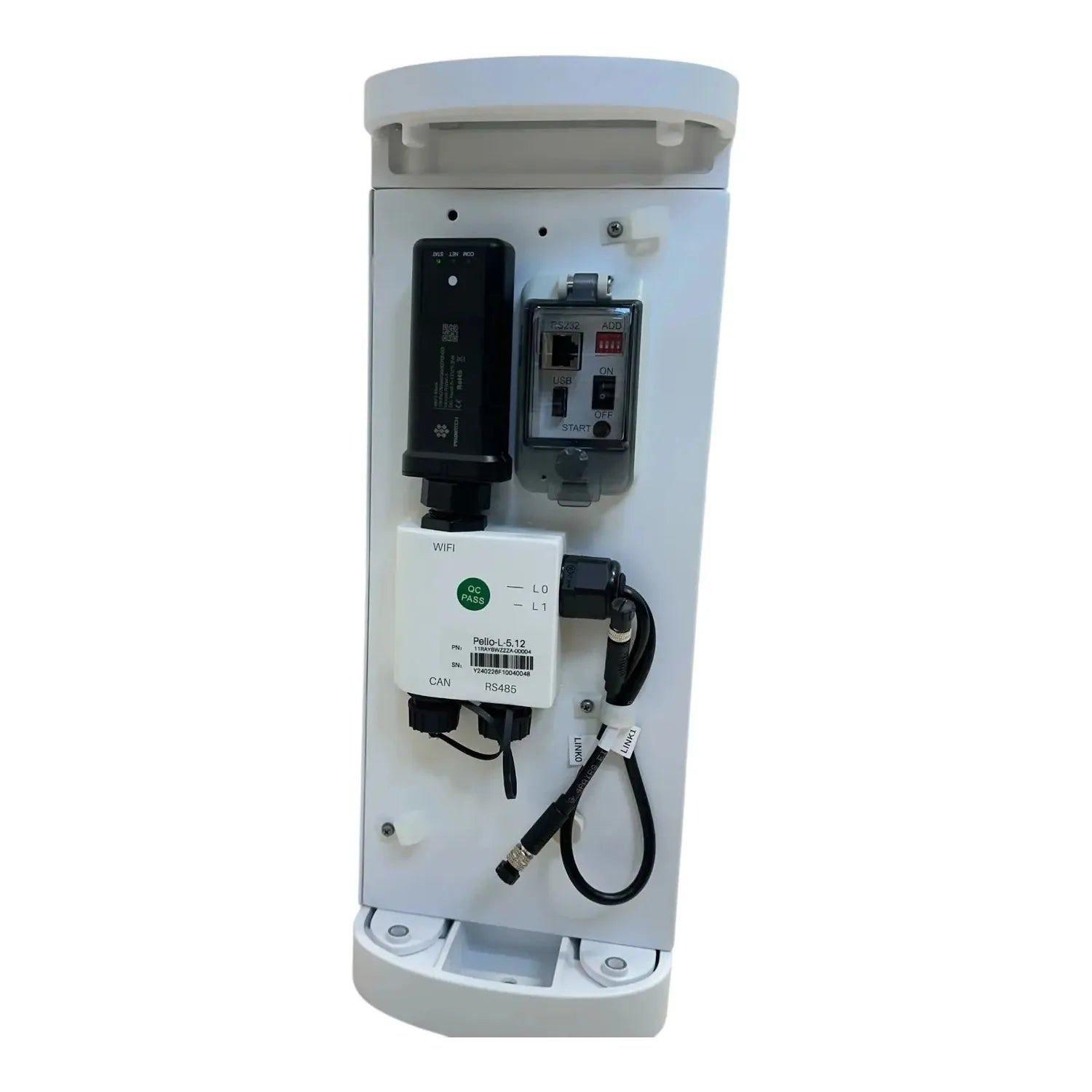 Pylontech Pelio-L battery unit showing internal components including power management module, WiFi connectivity adapter, and 