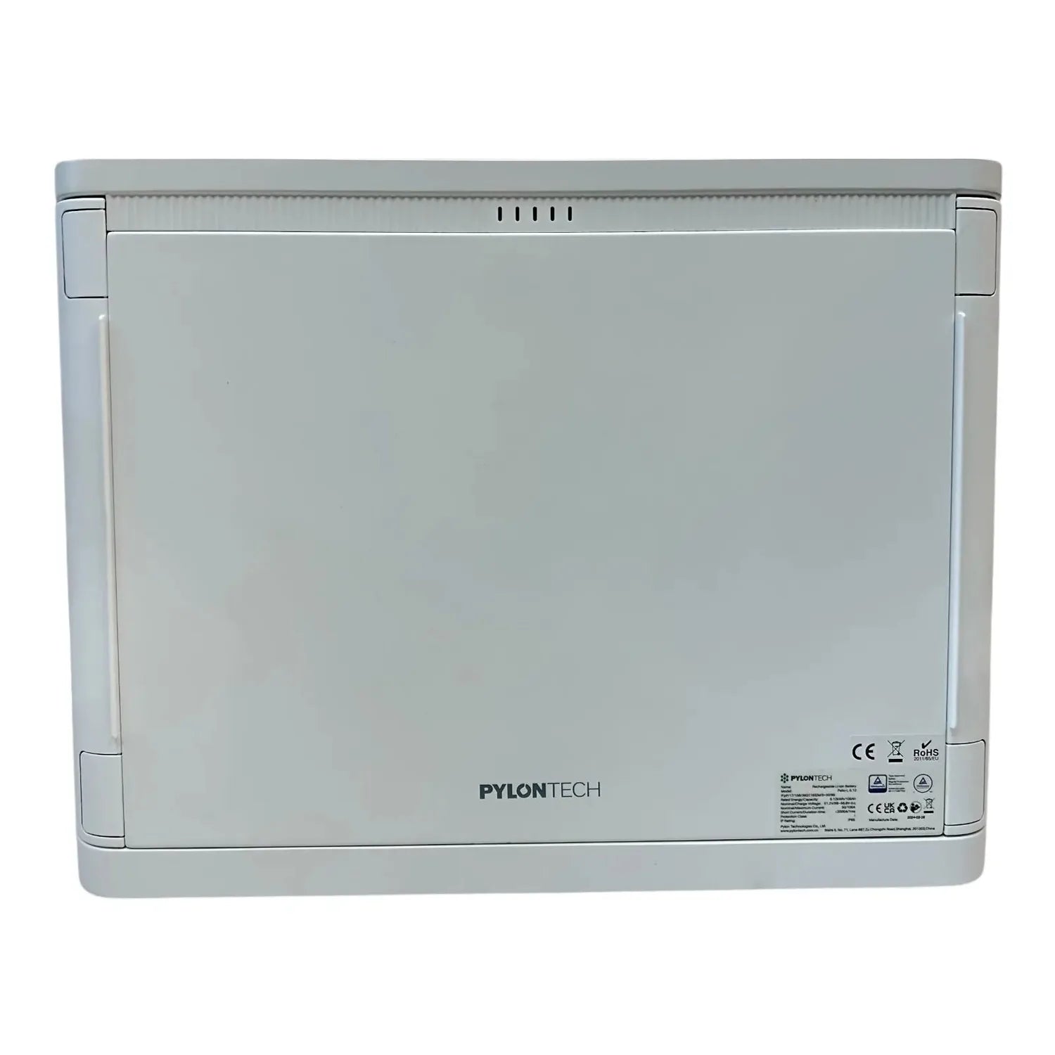 Rear view of Pylontech Pelio-L battery unit showing white metal casing with ventilation slots, brand logo, and certification 