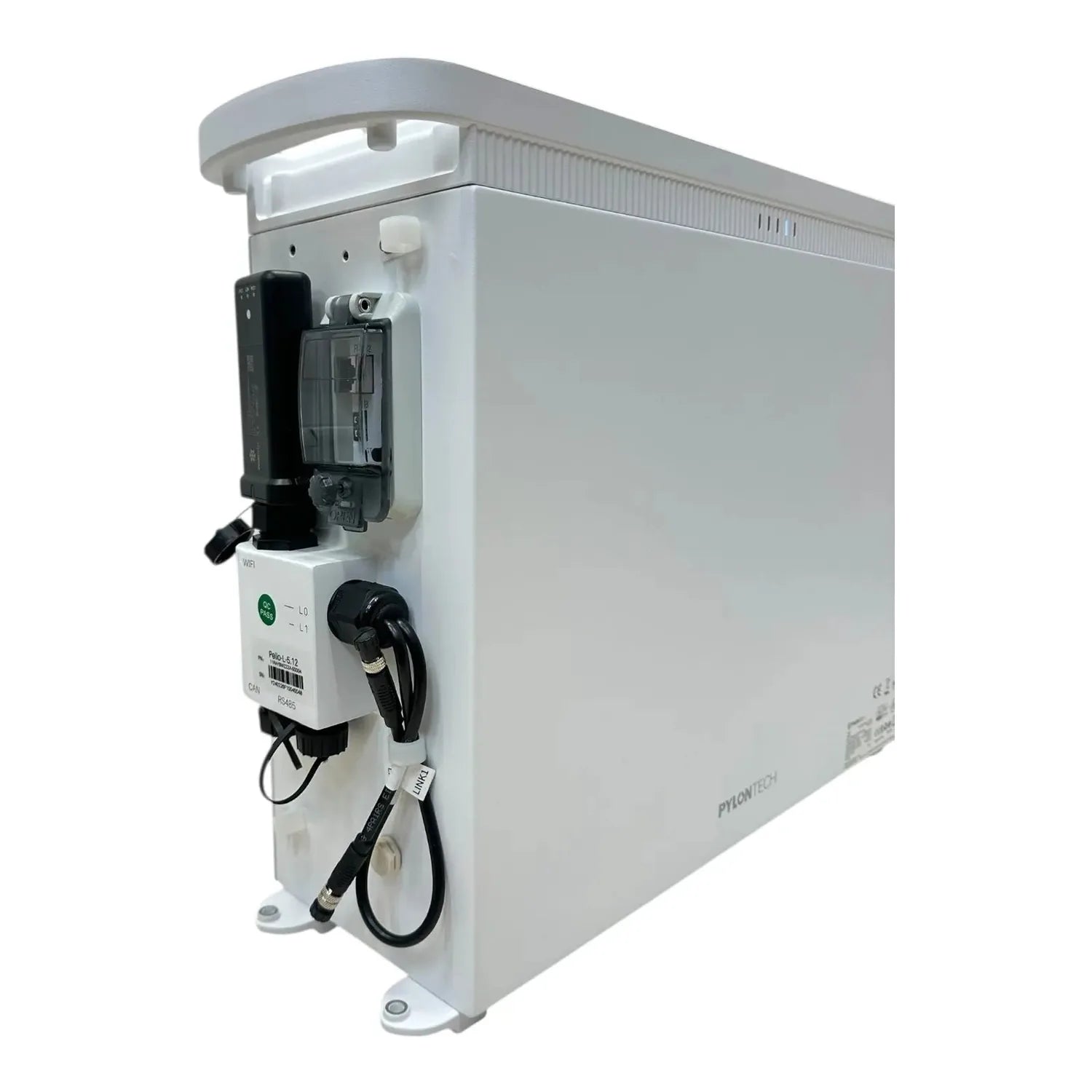 Pylontech Pelio-L battery unit showing white exterior with mounted black connectors, cables, and circuit breaker on left side