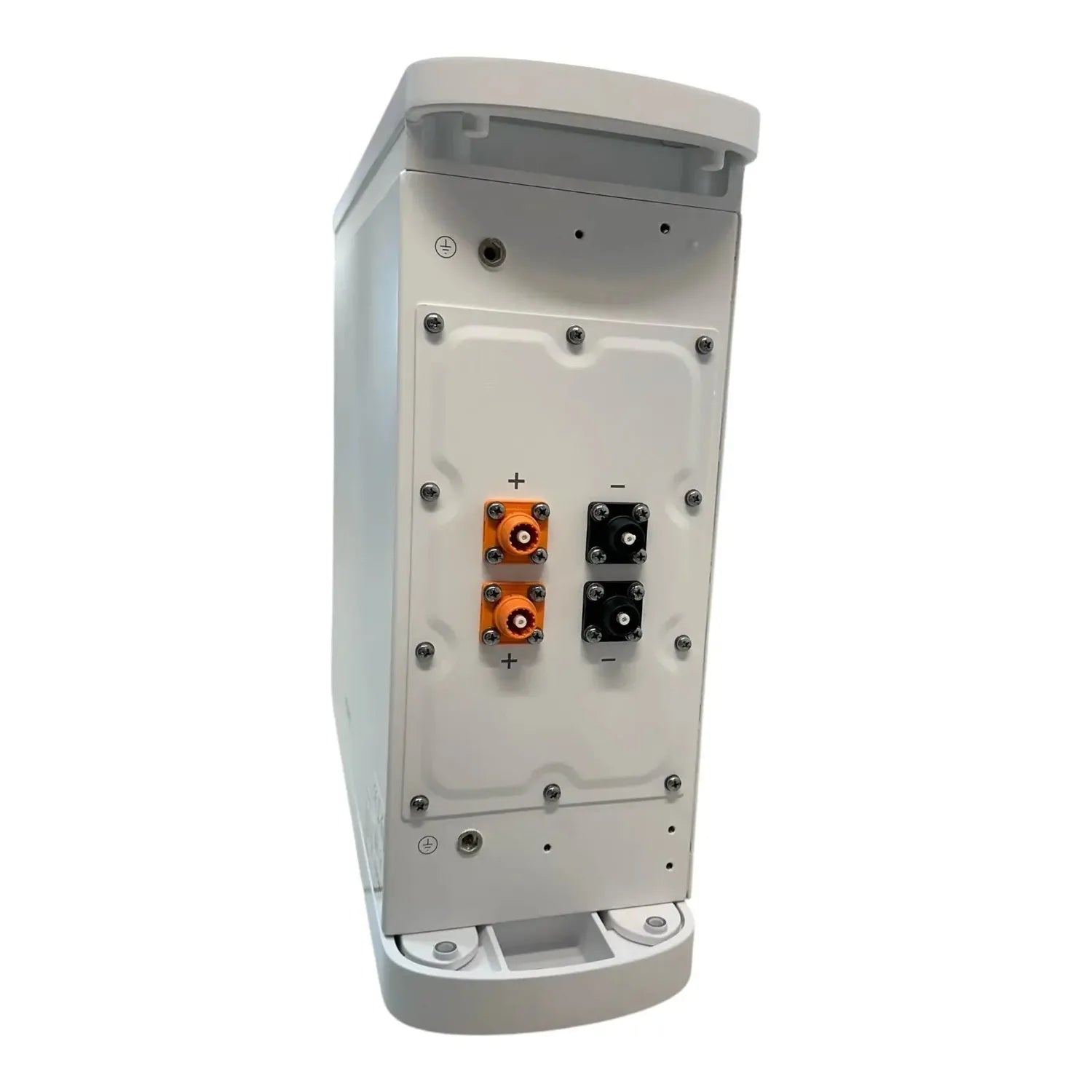 Pylontech Pelio-L battery unit showing rear panel with orange and black terminal connectors, mounting hardware, and cable por