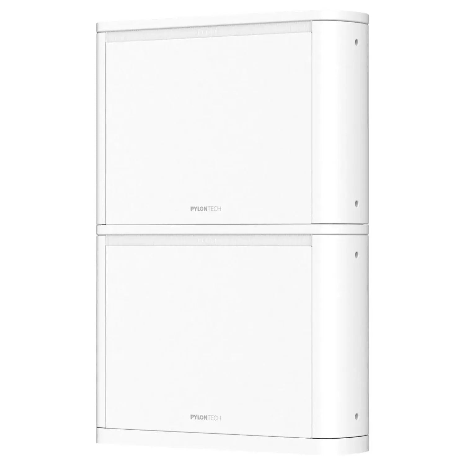 Two stacked white Pylontech Pelio-L battery modules with rounded corners and side vents, shown against a white background.