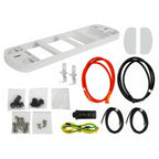 Pylontech Pelio ground mount kit components laid out including white mounting frame, cables in red and black, hardware packet