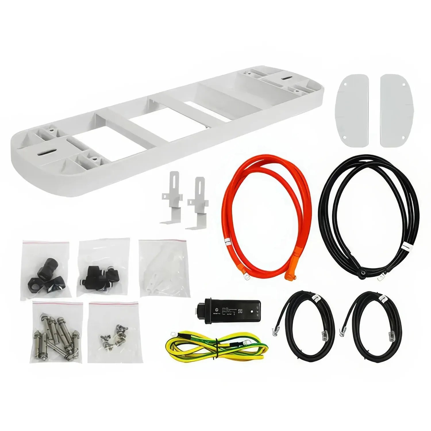 Pylontech Pelio ground mount kit components laid out including white mounting frame, cables in red and black, hardware packet