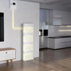 Modern kitchen interior featuring white wall-mounted storage unit with illuminated shelves and curved neon accent lighting ab
