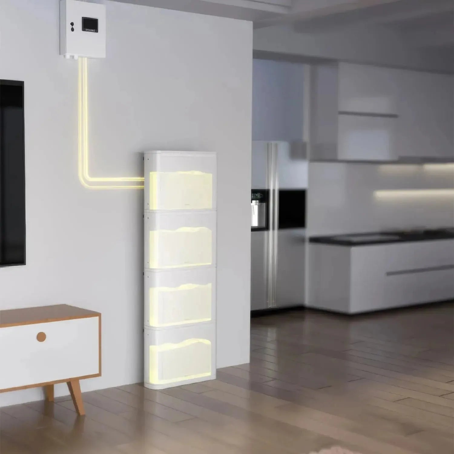 Modern kitchen interior featuring white wall-mounted storage unit with illuminated shelves and curved neon accent lighting ab