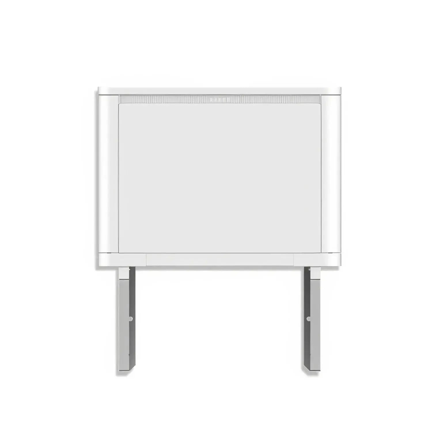 Wall-mounted whiteboard display with two vertical support legs and horizontal mounting bracket.