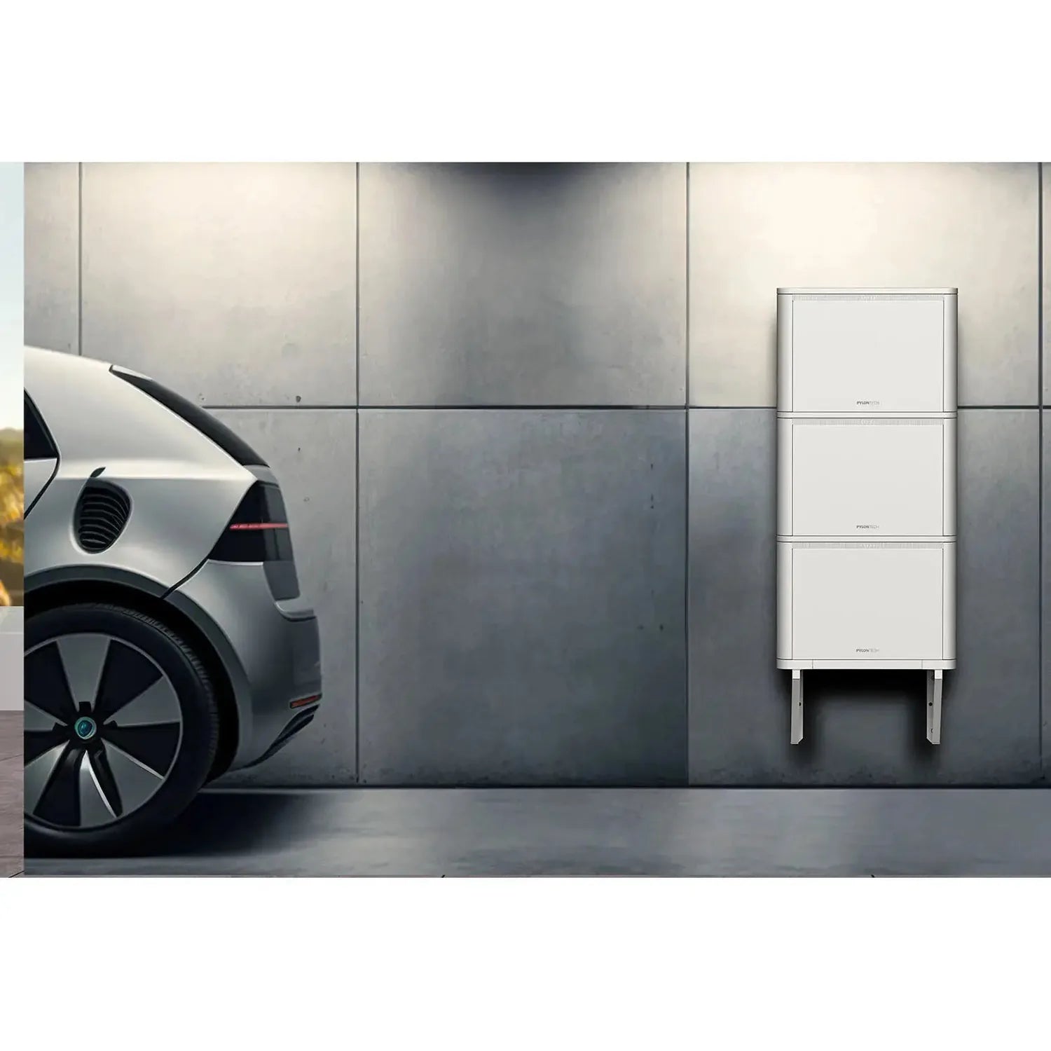 Pylontech Pelio wall-mounted battery system installed in modern garage next to electric vehicle charging.