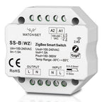 White octagonal ZigBee smart switch module with terminal connectors, specifications label, and 2.4G Tuya branding visible.