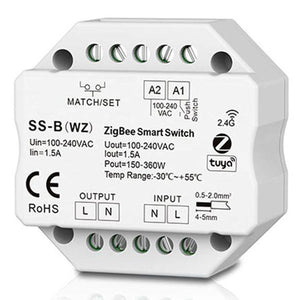 White octagonal ZigBee smart switch module with terminal connectors, specifications label, and 2.4G Tuya branding visible.