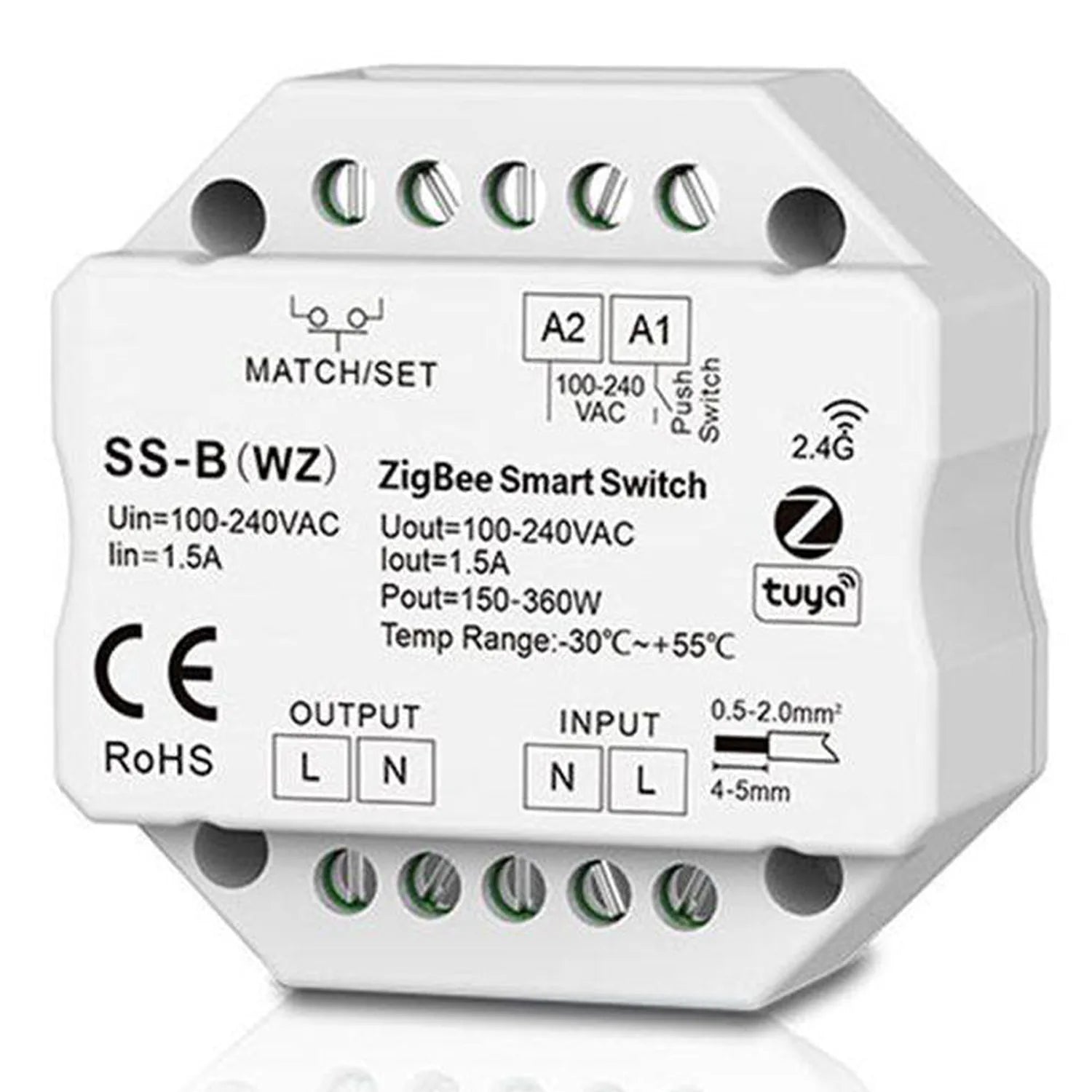 White octagonal ZigBee smart switch module with terminal connectors, specifications label, and 2.4G Tuya branding visible.