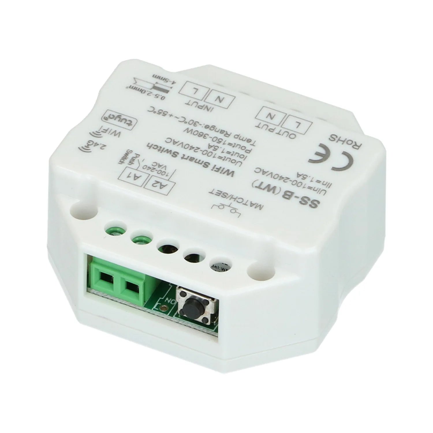 White smart light switch module with green terminal connectors, control button, and technical specifications printed on housi