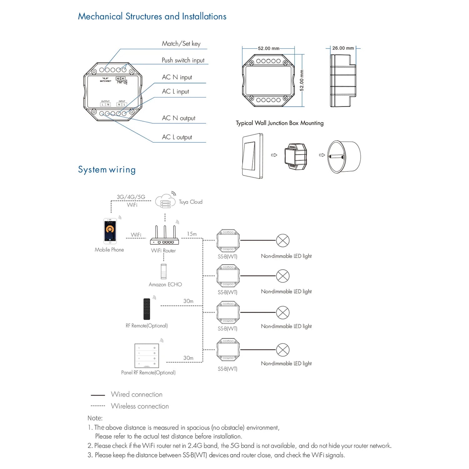 Technical diagram showing mechanical structures, wall junction box mounting dimensions, and system wiring schematic for smart