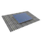 Two blue solar panels mounted on corrugated cement roof tiles using a metal rail system.