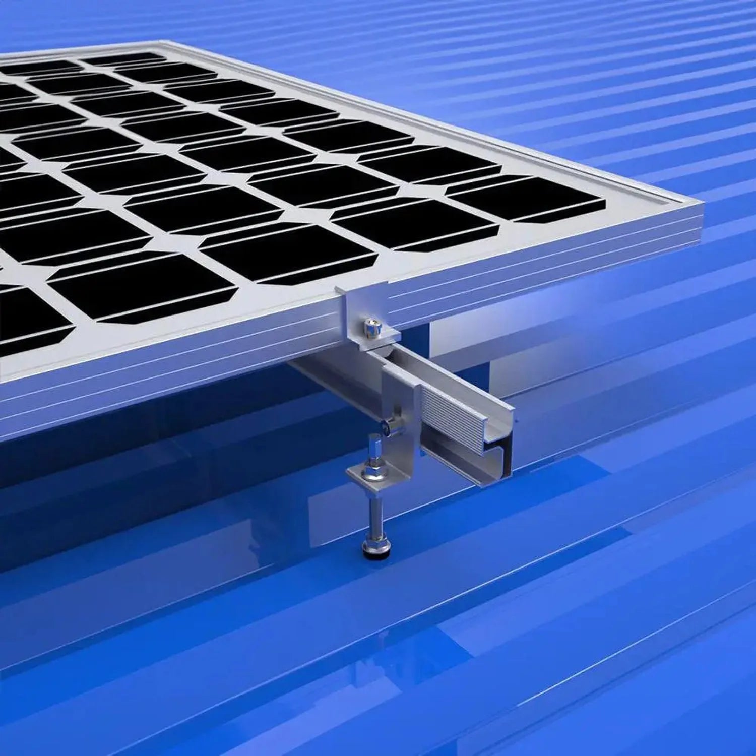 Solar panel mounting bracket installed on blue corrugated roof surface, showing clamp and rail attachment hardware.