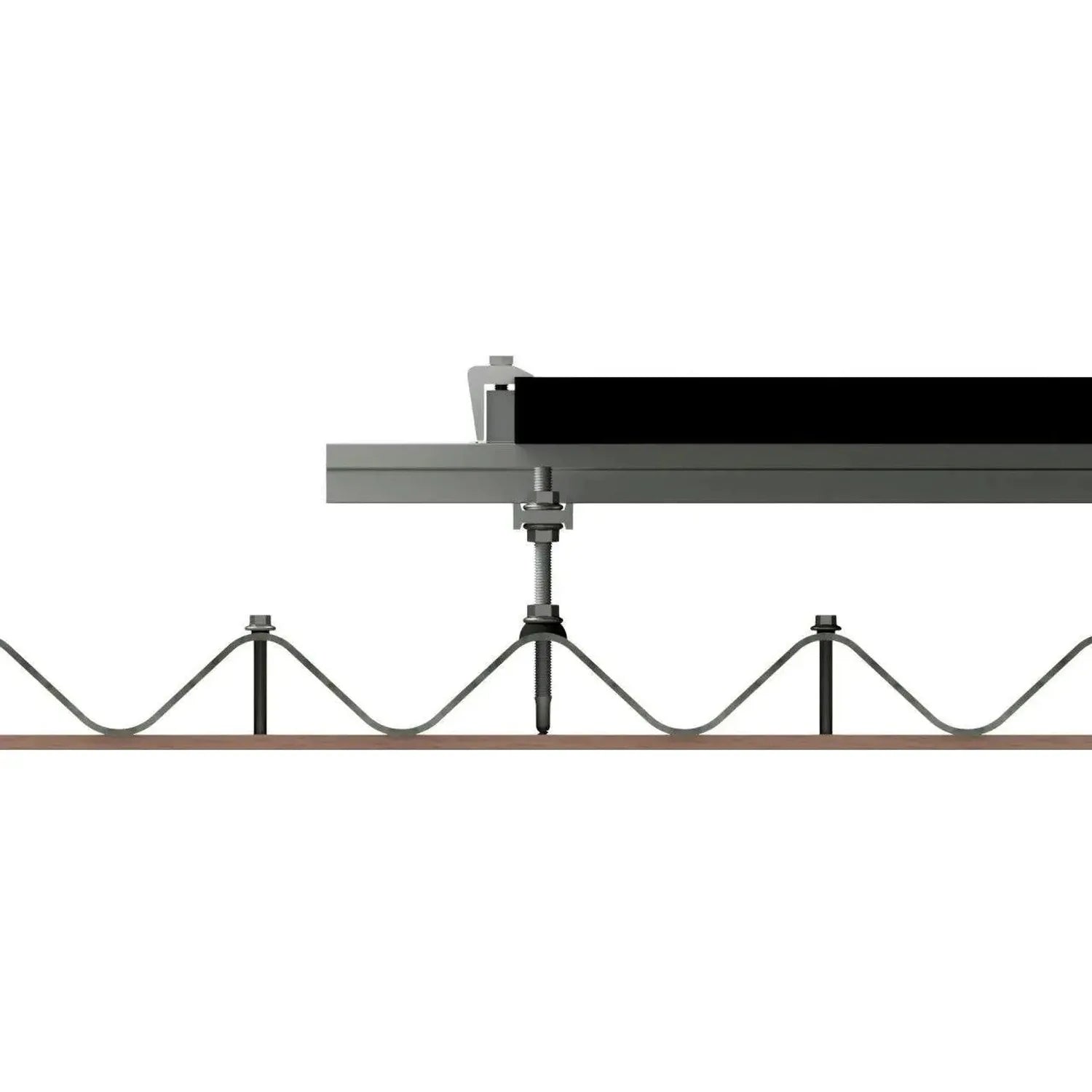Solar panel mounting kit installation diagram showing adjustable clamps and cable supports attached to corrugated roof surfac