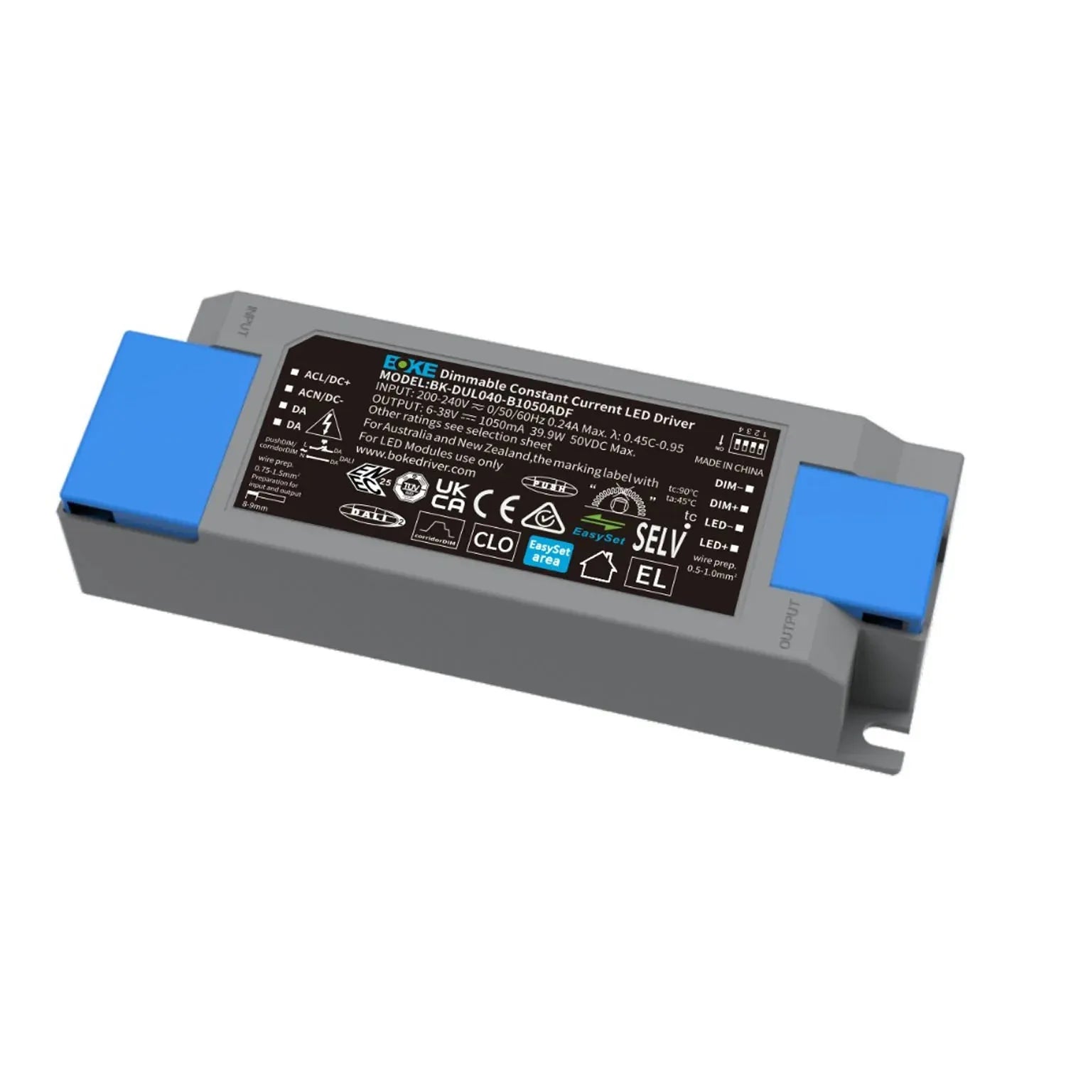 Boke dimmable LED driver with gray housing and blue terminal connectors, showing black label with specifications and safety c