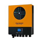 Voltagon Energy Systems orange and black inverter with circular display panel and control interface showing system diagram an