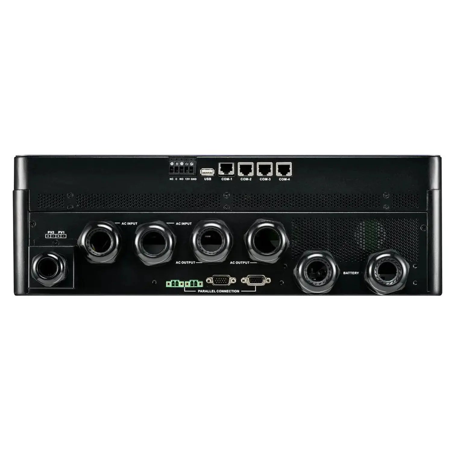 Front panel of black rack-mounted inverter showing multiple AC input/output connectors, parallel connection ports, battery te