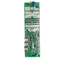 Vertical green circuit board with white breadboard sections, capacitors, connectors, and terminal blocks for Pylontech batter