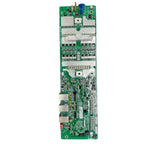 Vertical green circuit board with white breadboard sections, capacitors, connectors, and terminal blocks for Pylontech batter
