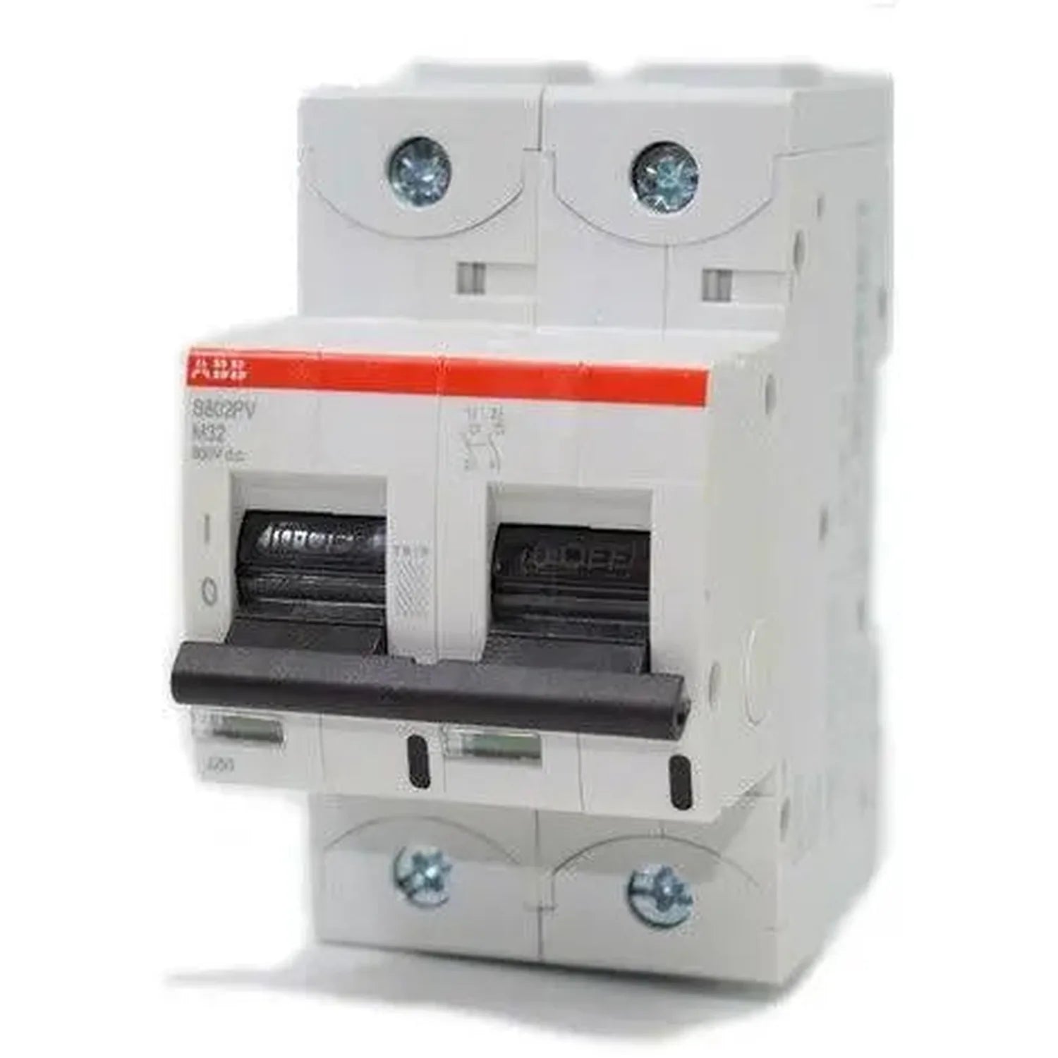 ABB two-pole DC isolator switch with red stripe, black toggle handles, and terminal screws, mounted on white DIN rail.
