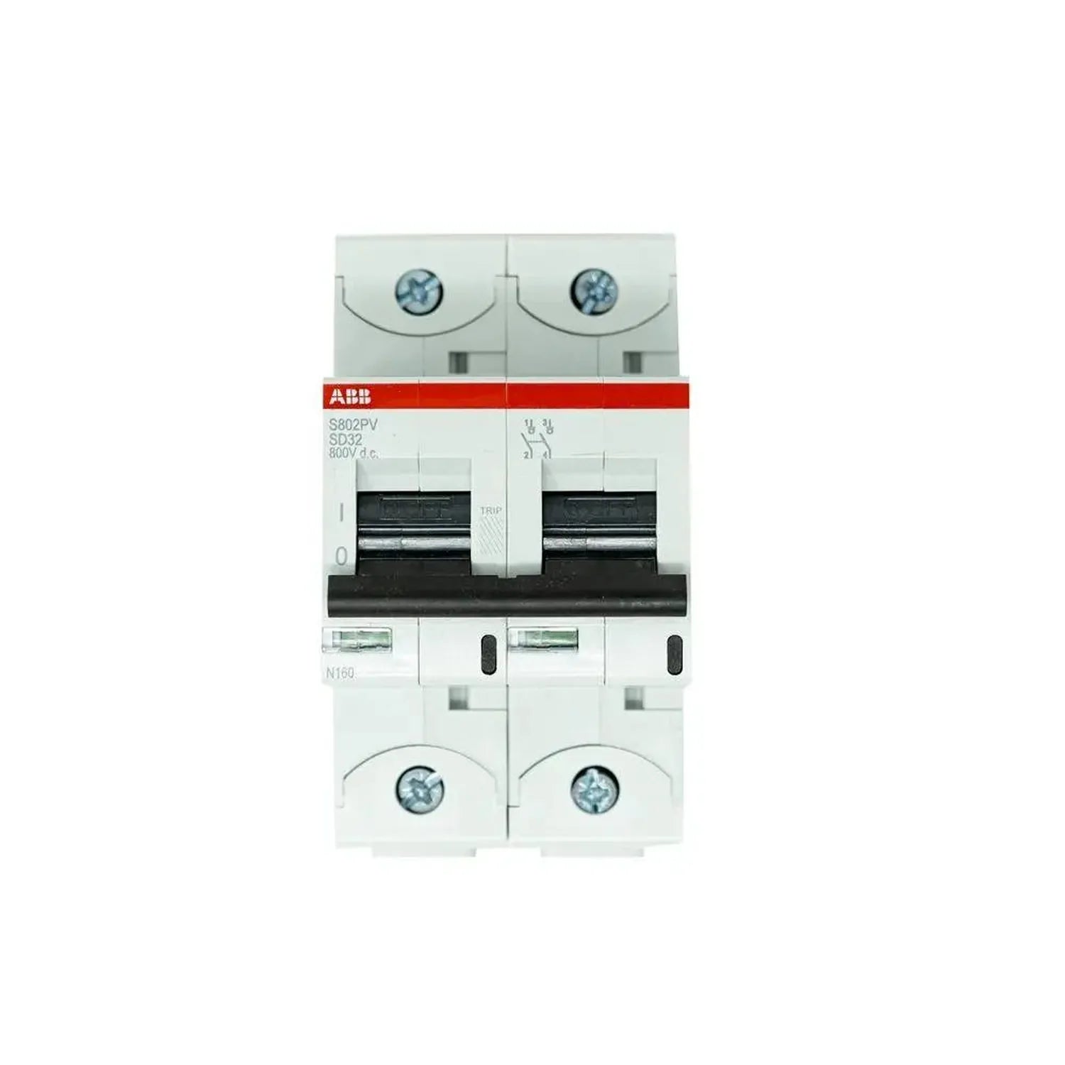 ABB S802PV SD32 600V two-pole DC isolator switch with gray housing and black operating mechanisms, product shot on white back