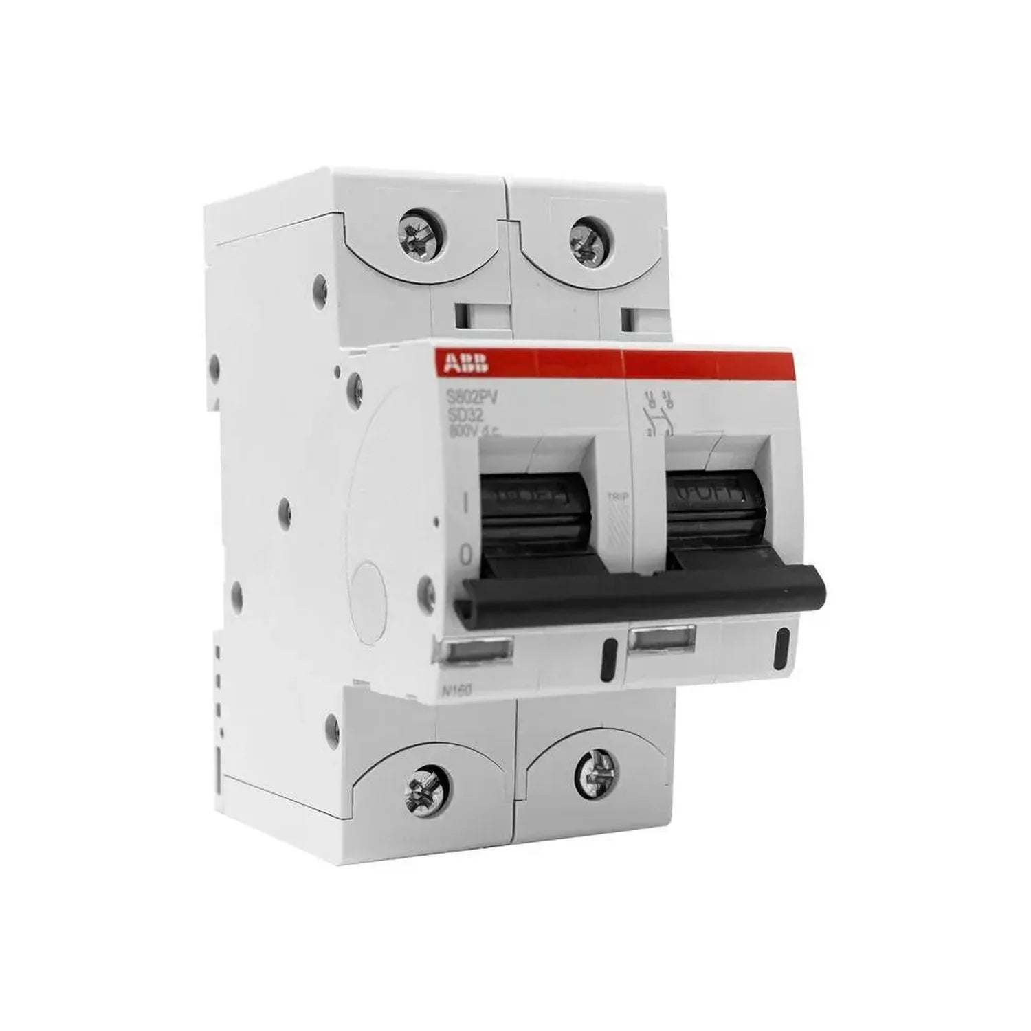 ABB S802PV two-pole DC isolator switch with red stripe, black toggle handles, and terminal screws, product shot on white back