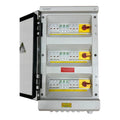 Voltacon IP65 solar PV combiner box with open door showing three rows of circuit breakers and yellow disconnect switches with