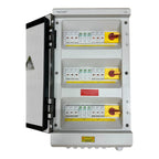 Voltacon IP65 solar PV combiner box with open door showing three rows of circuit breakers and yellow disconnect switches with