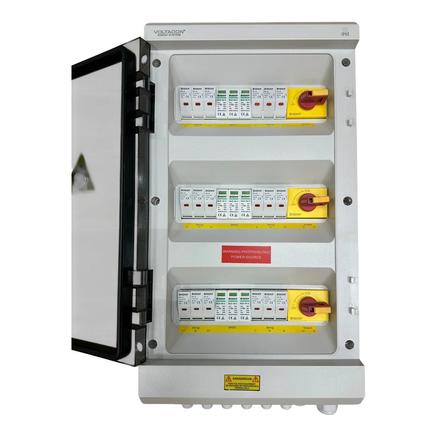 Voltacon IP65 solar PV combiner box with open door showing three rows of circuit breakers and yellow disconnect switches with