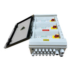 Open solar PV combiner box showing three rows of circuit breakers with yellow-red manual disconnect switches and multiple cab