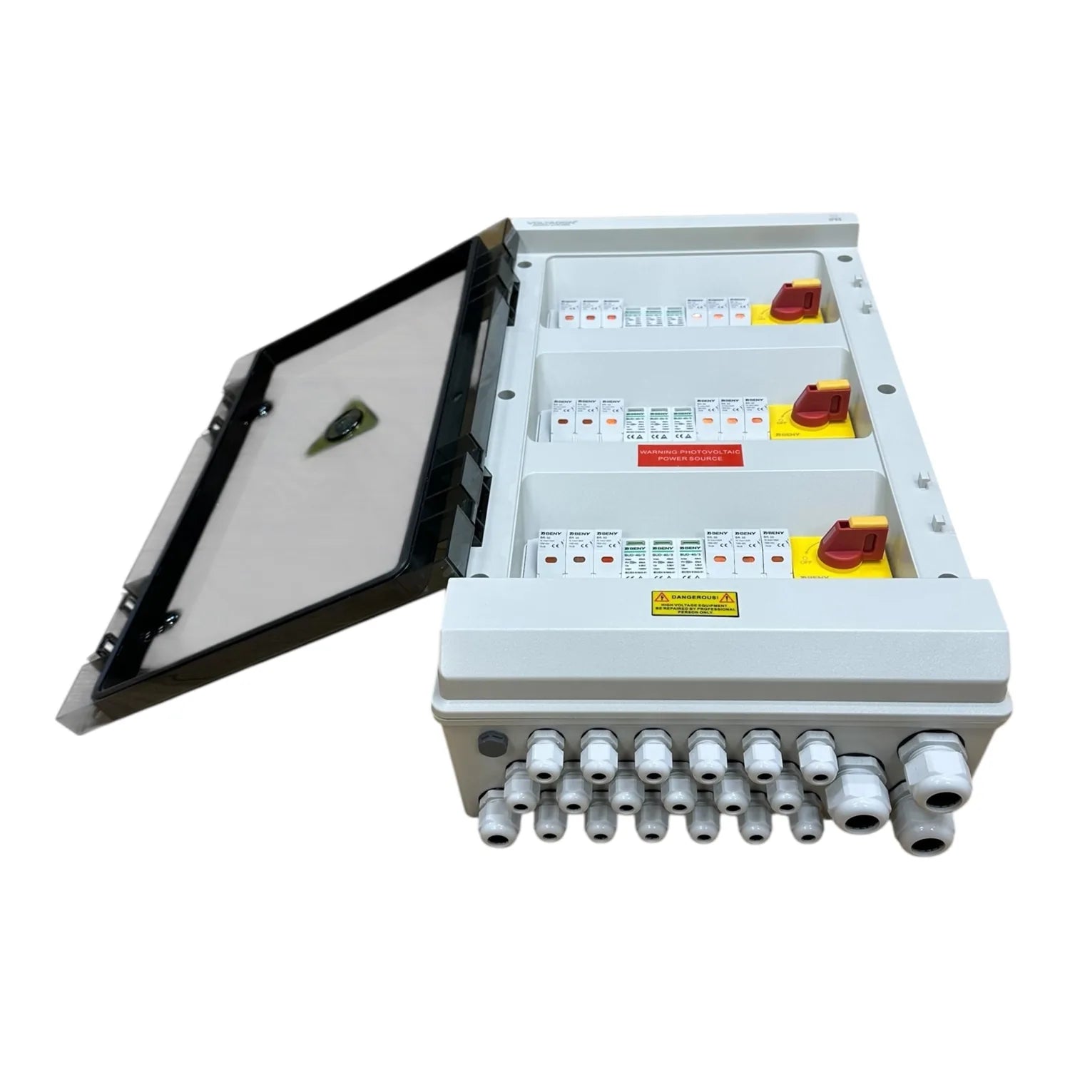 Open solar PV combiner box showing three rows of circuit breakers with yellow-red manual disconnect switches and multiple cab