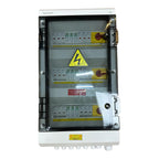 Voltacon solar PV combiner box with IP65 rating, displaying multiple circuit breakers and yellow surge protection modules beh