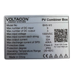 Voltacon BHS-9/3 PV Combiner Box specifications label showing 9 DC inputs, 3 outputs, 1000VDC max, IP65 rating, and operating