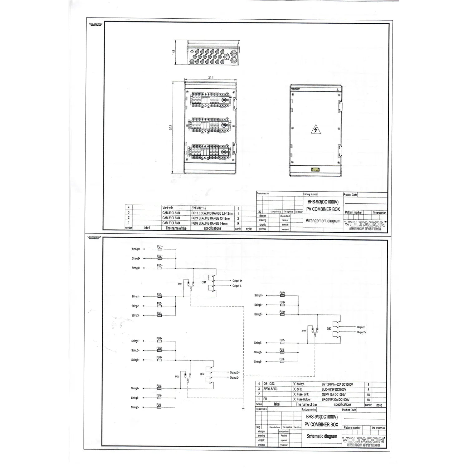 Technical schematic and dimensional diagrams for solar PV combiner box with 9 inputs and 3 outputs, including internal circui
