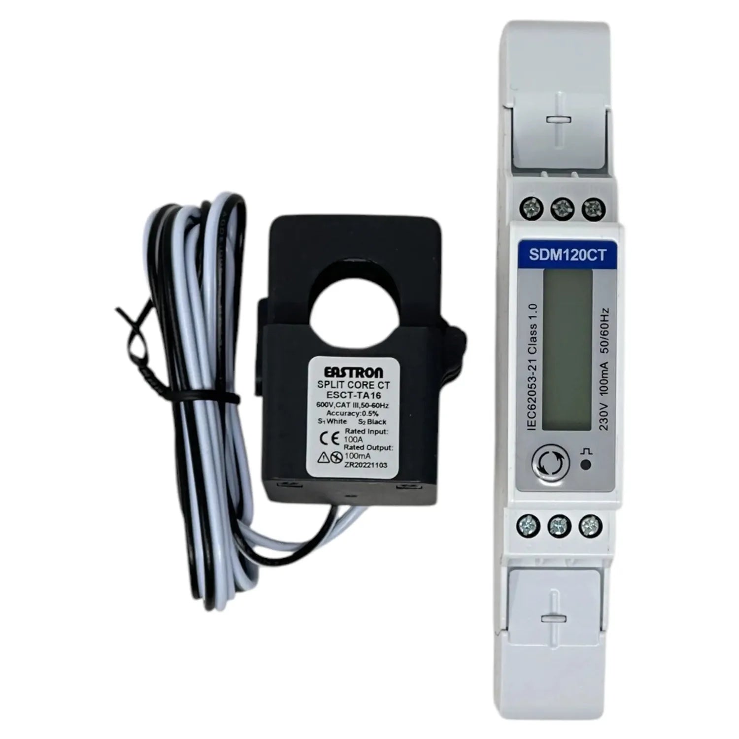 Eastron SDM120CT energy meter with split core current transformer and cable, shown as product components on white background.