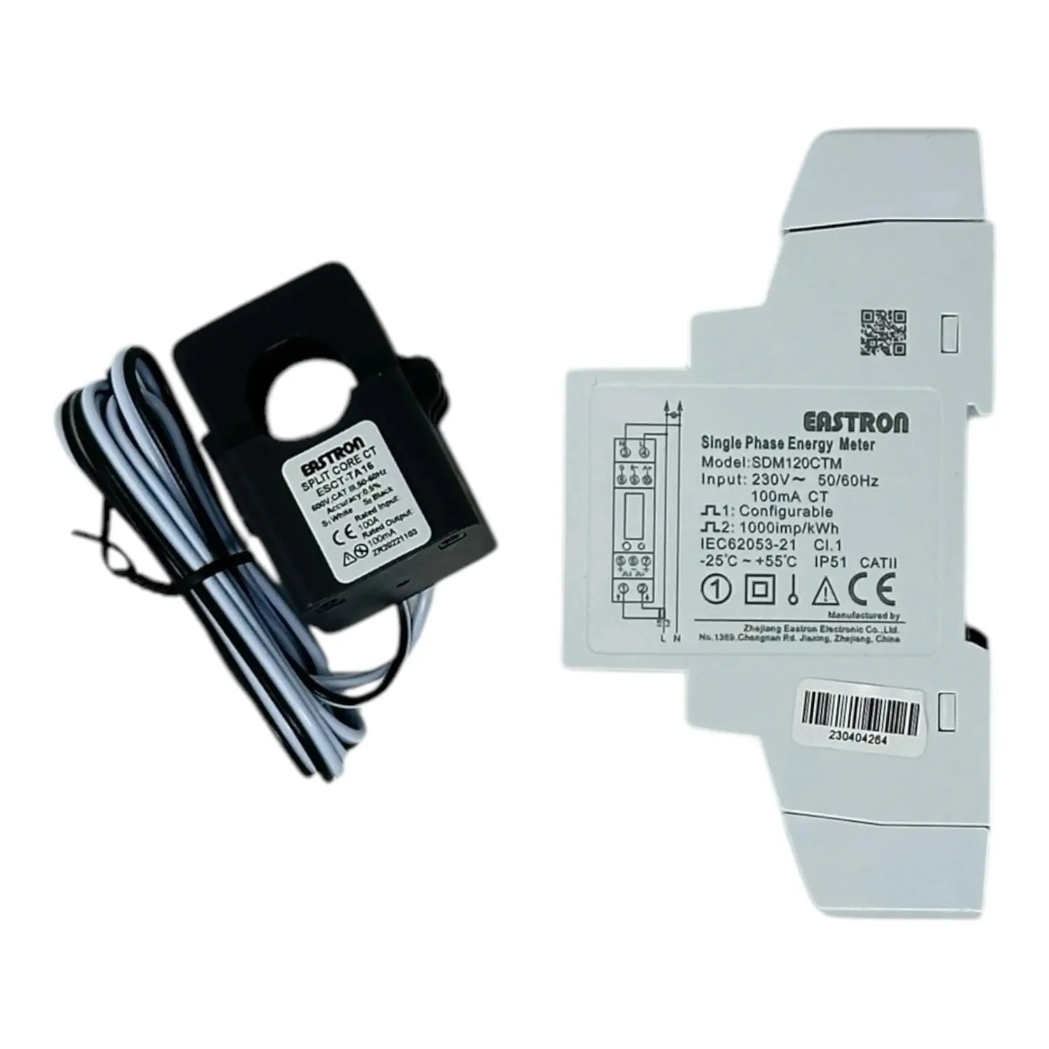 Eastron SDM120CTM single phase energy meter with split-core current transformer clamp, shown with product packaging and speci