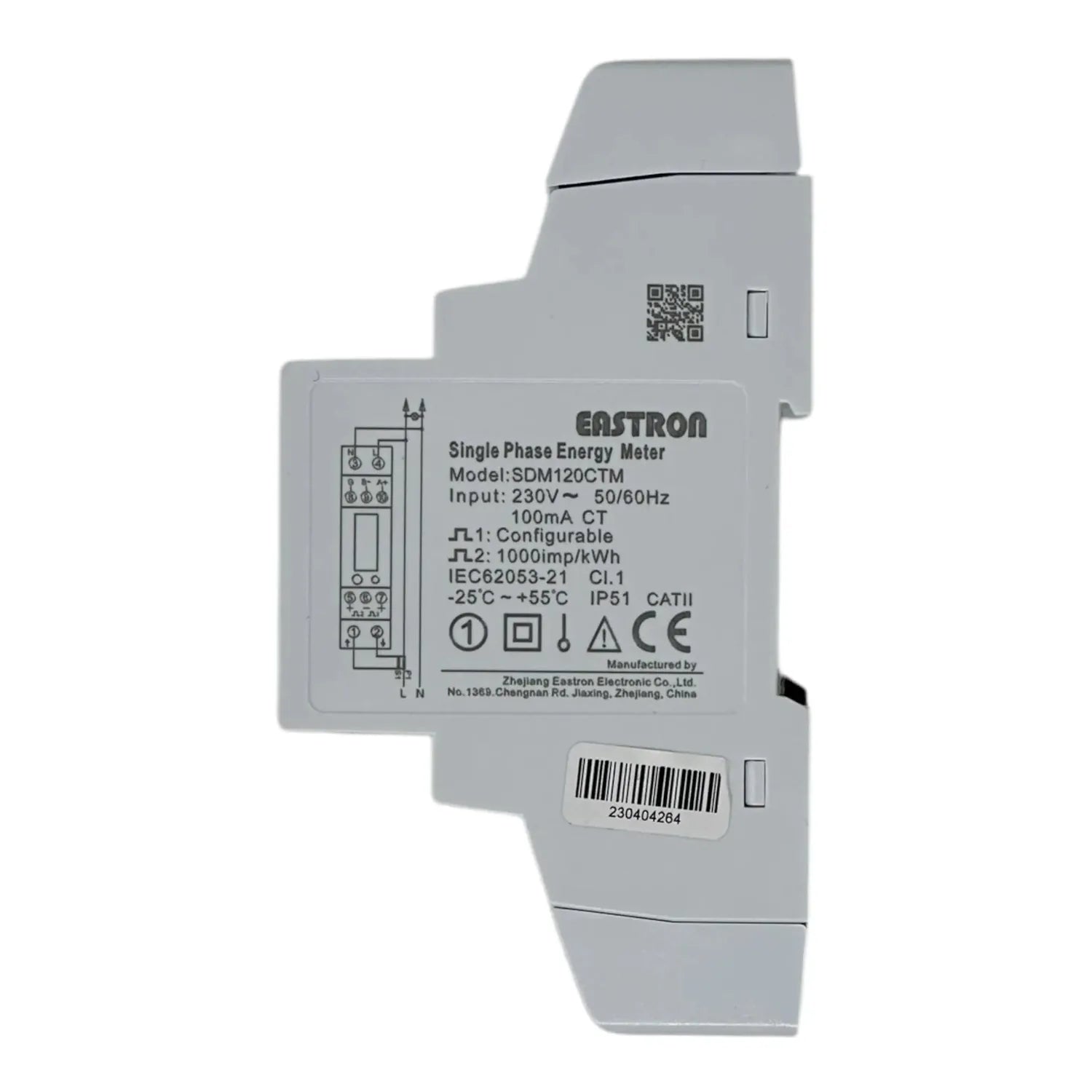 Eastron SDM120CTM single phase energy meter mounted on DIN rail, showing technical specifications and QR code label.