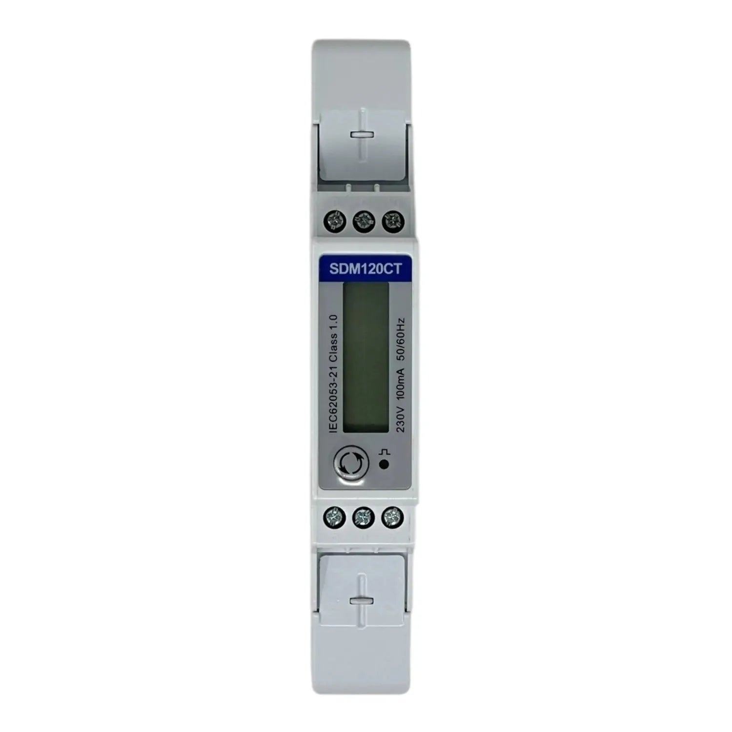 SDM120CT single phase DIN rail energy meter with digital display and terminal connections, front view product shot.