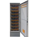Open metal enclosure cabinet containing nine stacked Pylontech US5000 battery units with orange rails and red indicator light