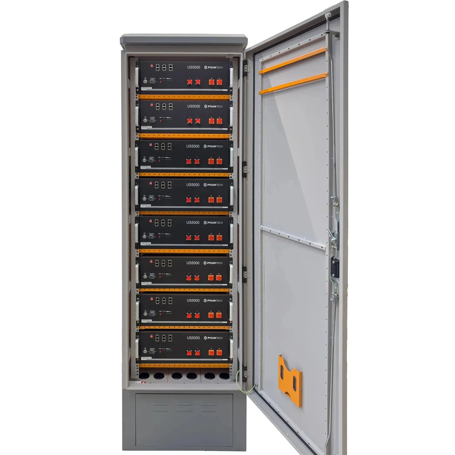Open metal enclosure cabinet containing nine stacked Pylontech US5000 battery units with orange rails and red indicator light