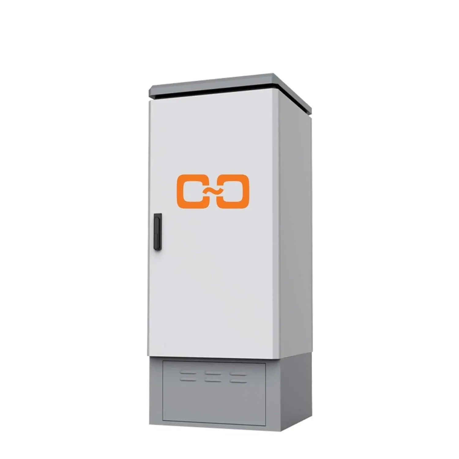 White and gray battery enclosure cabinet with orange link symbol, front-facing product view.