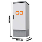 White metal battery enclosure with orange link logo, dimensions labeled 1800mm height, 600mm width and depth.