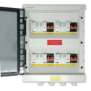 Voltacom IP65 solar PV combiner box mounted open, showing four string inputs with Gibney surge protectors and output terminal