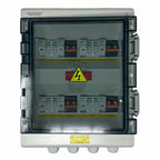 Voltadon solar PV combiner box with four input and four output channels, showing multiple circuit breakers and surge protecti