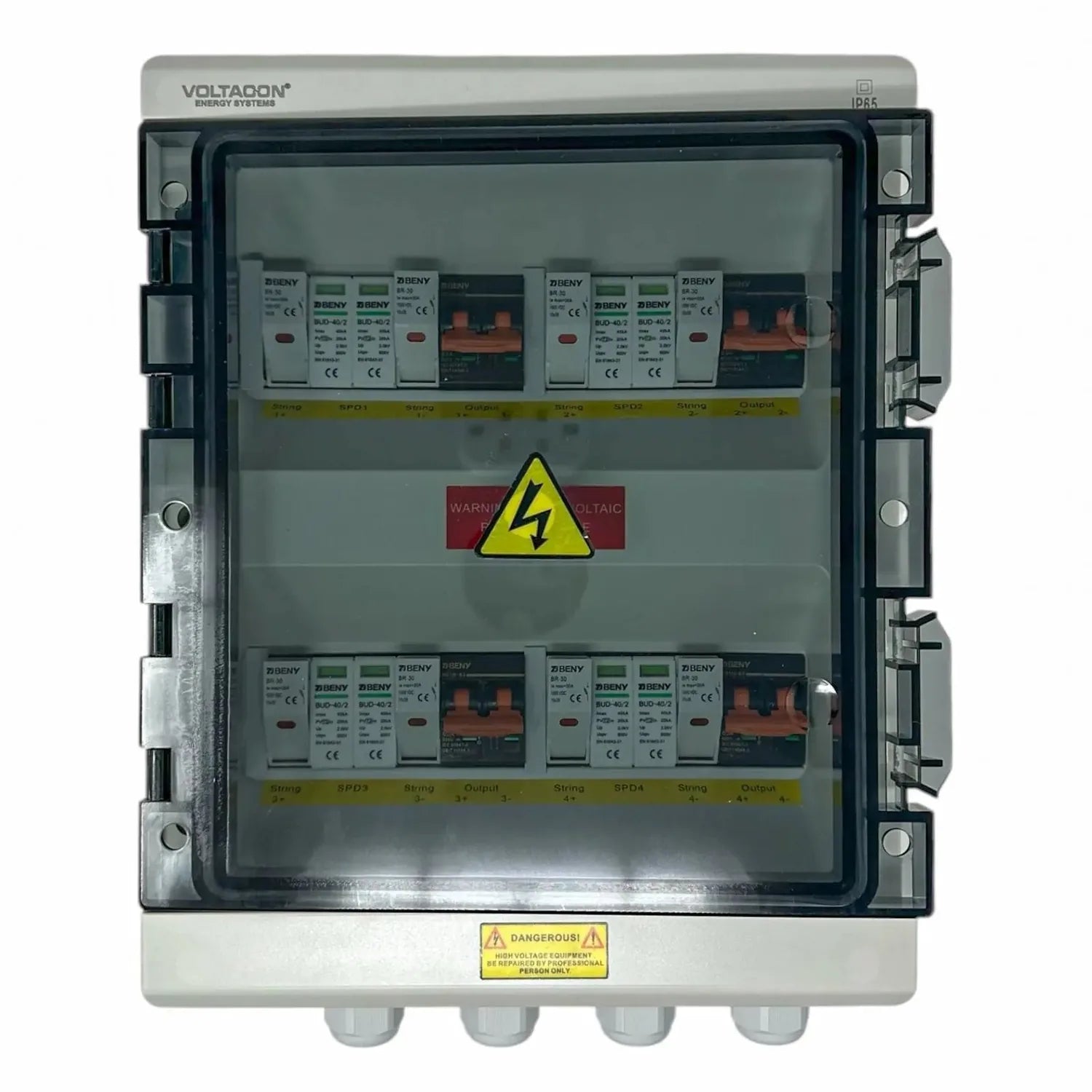 Voltadon solar PV combiner box with four input and four output channels, showing multiple circuit breakers and surge protecti