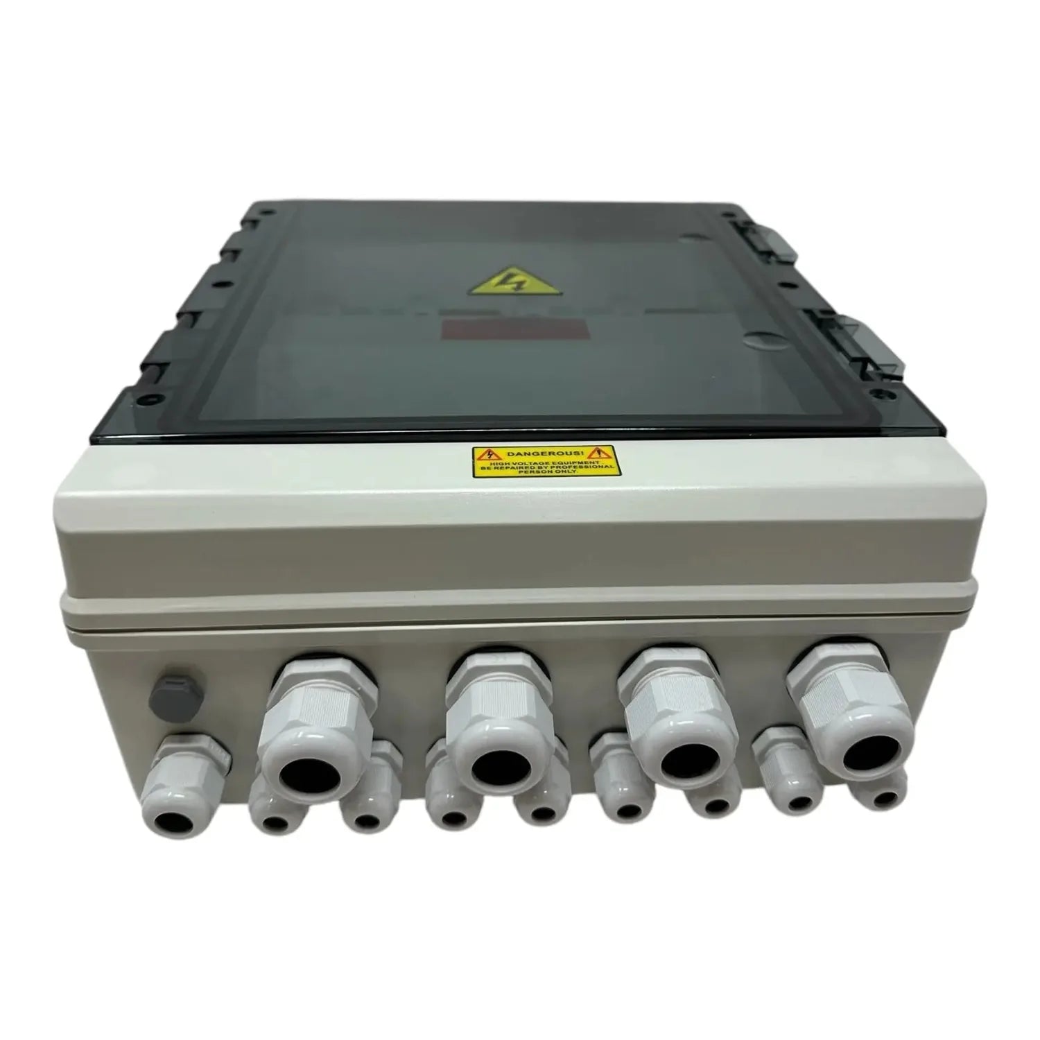 Solar PV combiner box with gray enclosure, black hinged top panel, yellow hazard warning labels, and eight white cable connec
