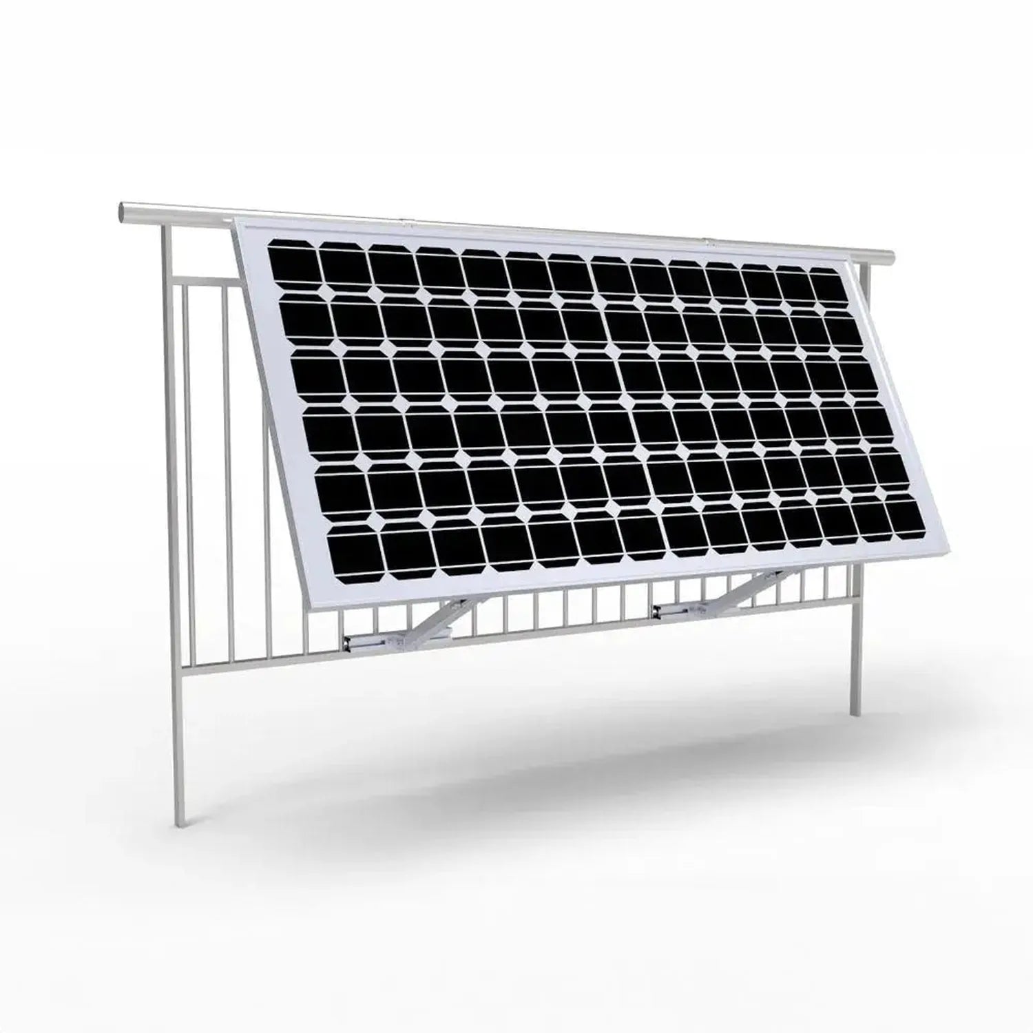 Adjustable solar panel mounting bracket installed on railing, tilted at angle with aluminum frame and support struts.